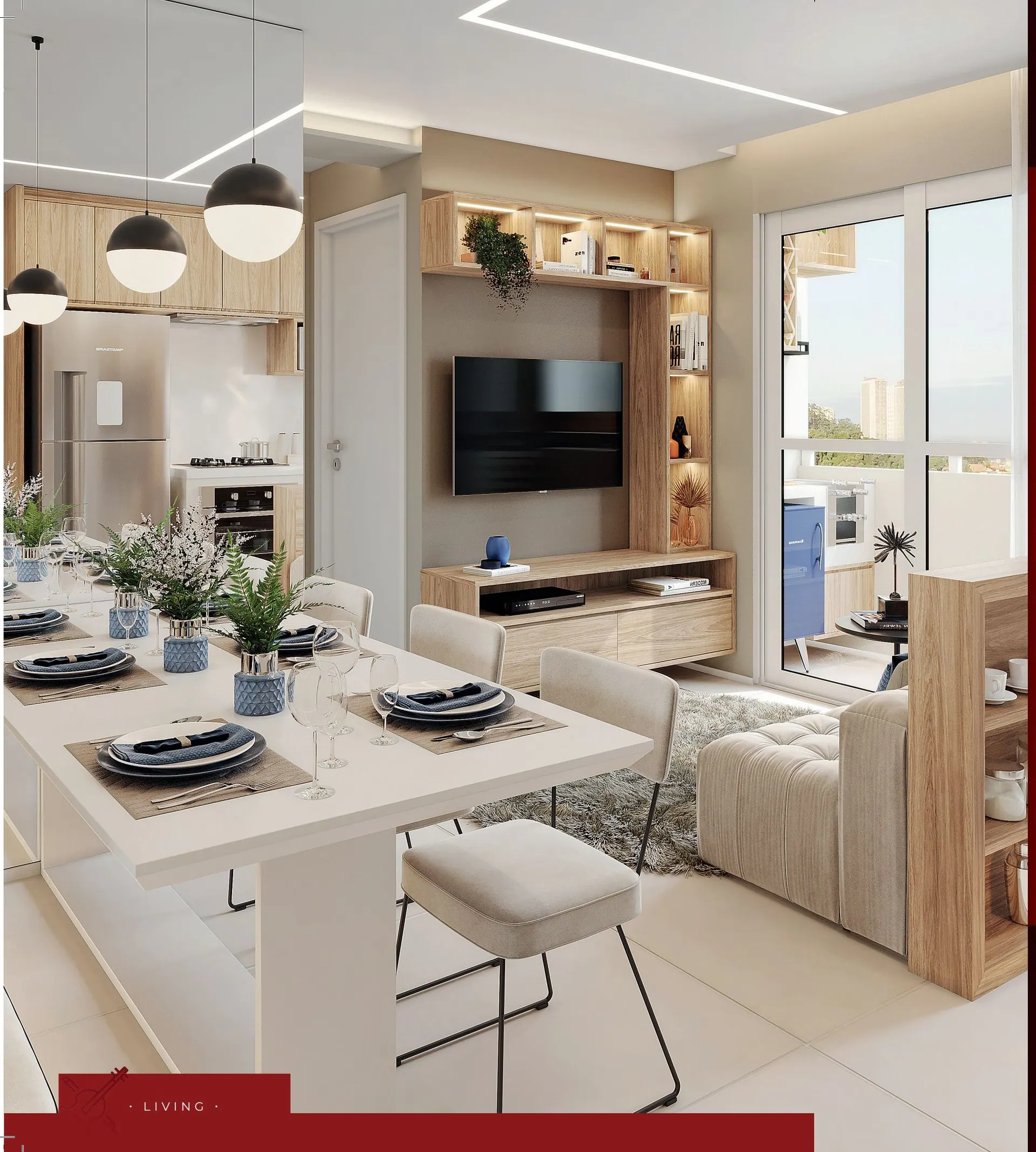 Apartamento decorado do Sinfonia Santo Amaro com sala, cozinha e varanda integradas